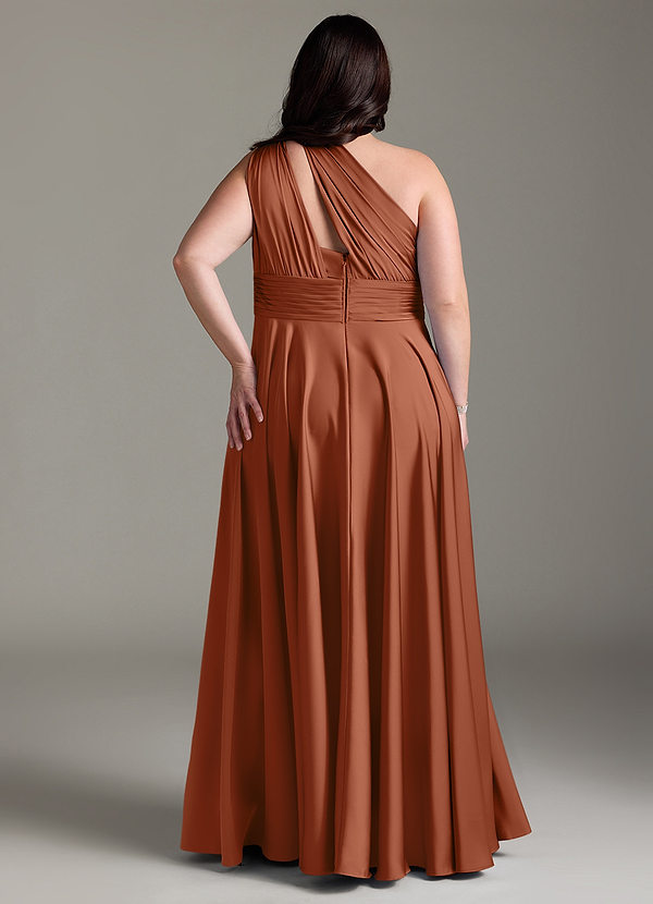 Azazie Charlize Bridesmaid Dresses Cedar Rose A-Line One Shoulder Stretch Satin Dress image1