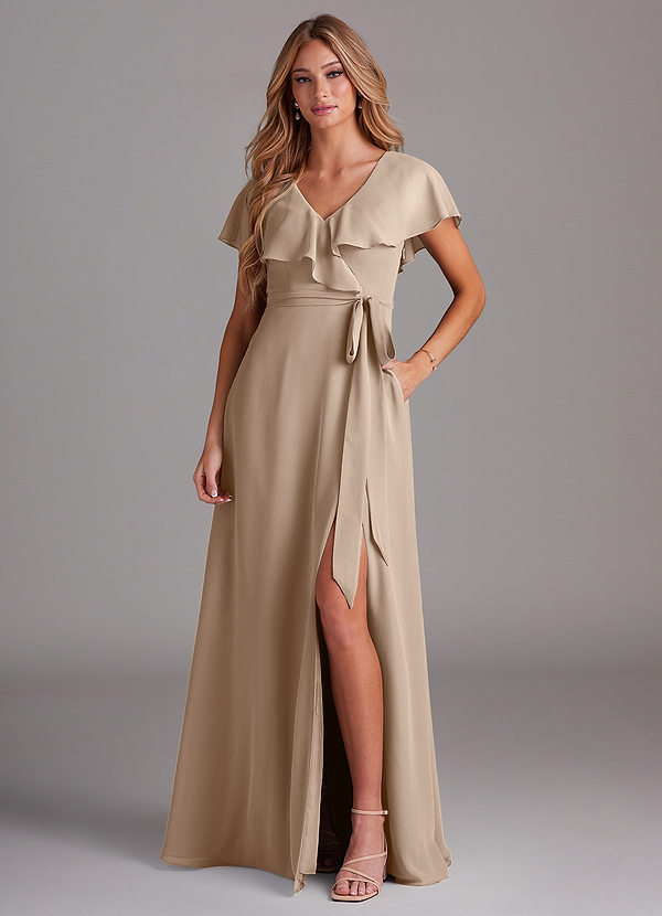 Azazie Lainey Bridesmaid Dresses Taupe A-Line with Pockets Chiffon Dress image1