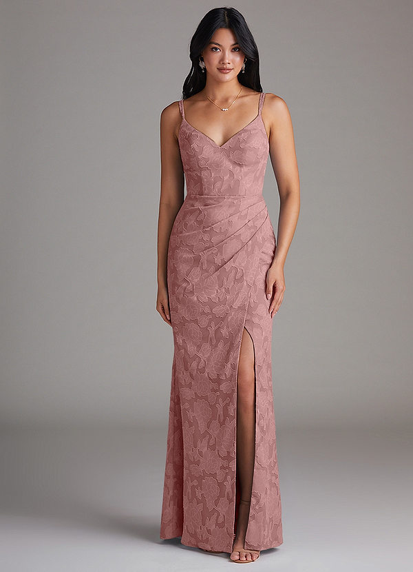 Azazie Leo Bridesmaid Dresses Dusty Rose Sheath Pleated Floral Burnout Dress image1