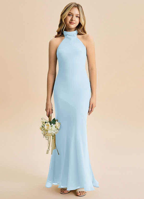 Azazie Velli Junior Vestido Céu Azul de Chiffon de sereia com Pescoço alto image1