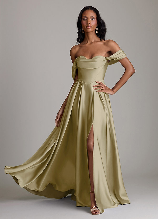 Azazie Loisa Abiti da Damigella Abito A-Line in Raso Elasticizzato a Spalla Scoperta Verde Muschio image1