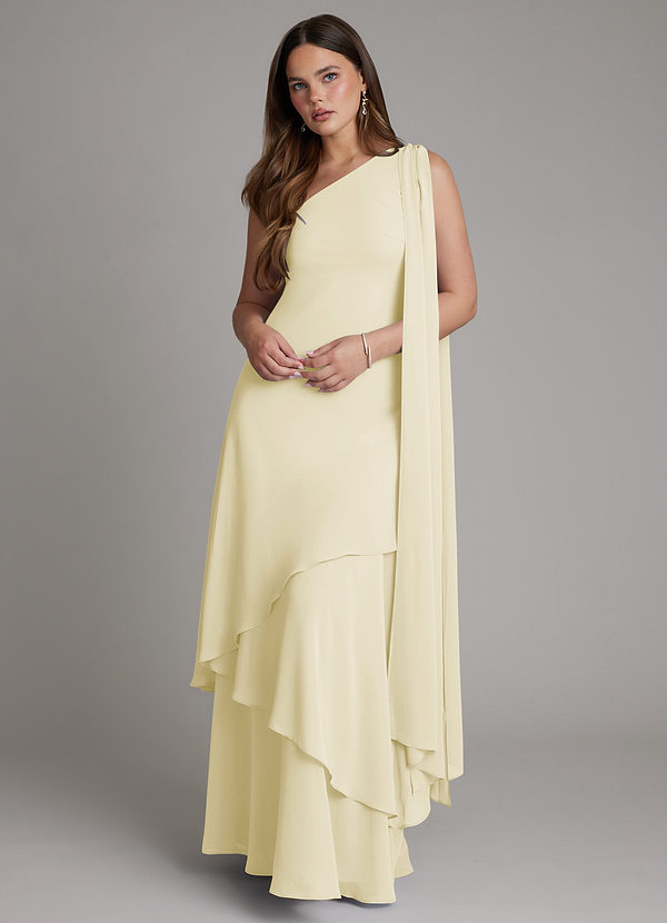 Azazie Monique Robes Demoiselle d'honneur Robe Trapèze en Mousseline de soie Une épaule Sorbet Citron image1