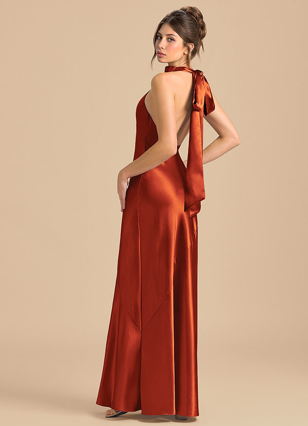 Azazie Velli Robes Demoiselle d'honneur Robe Fourreau en Satiné métallisé Col Haut Paprika image1