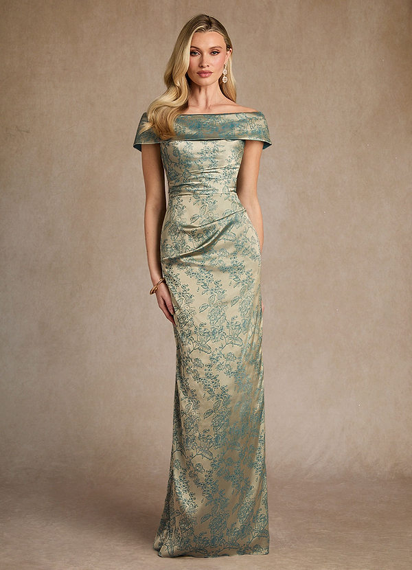 Azazie Kenosha Brautmutterkleider Etui Schulterfrei Blumen-Jacquard Kleid Platinblaugrün image1