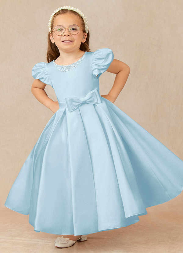 Azazie Jewel Flower Girl Dresses Sky Blue Ball-Gown Pleated Matte Satin Dress image1