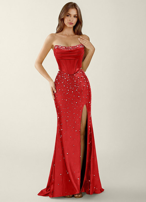 Esme Rojo Vestido de fiesta de dos piezas estilo sirena con corsé de satén elástico image1