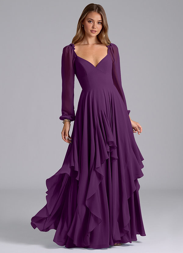 Azazie Karan Bridesmaid Dresses Grape A-Line Long Sleeve Chiffon Dress image1