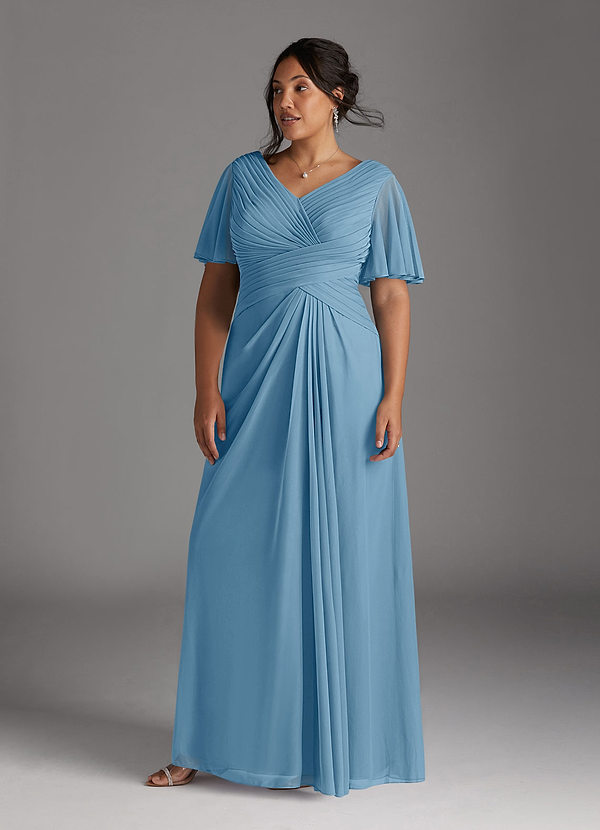 Azazie Emmeline Mother of the Brides Dresses Steel Blue A-Line V-Neck Pleated Mesh Dress image1