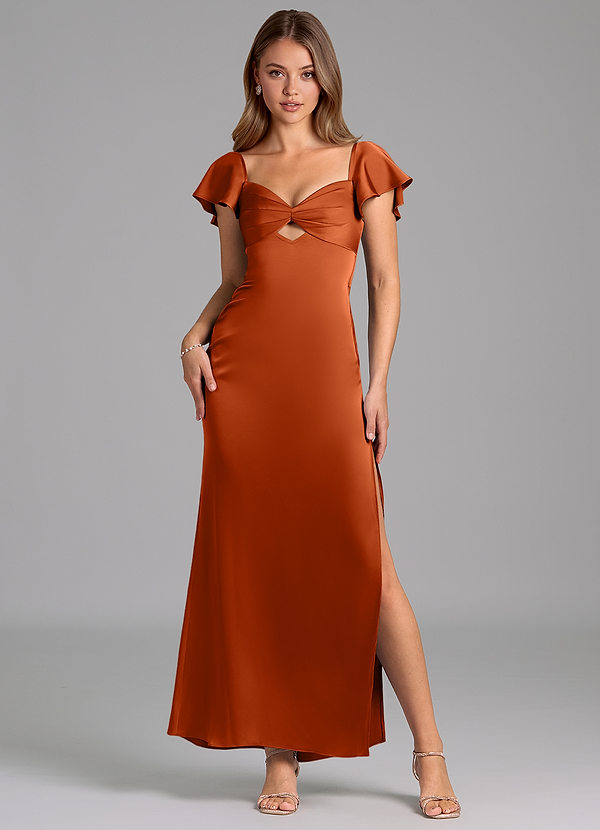 Azazie Demia Robes Demoiselle d'honneur Robe Fourreau en Satin extensible Encolure en Forme de Cœur Orange Brûlée image1
