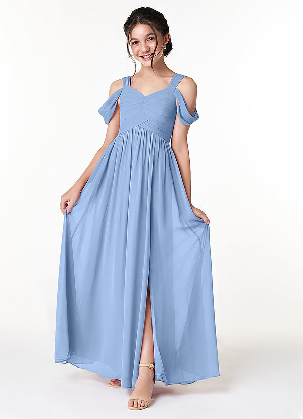 Azazie Lianne Junior Steel Blue A-Line Off the Shoulder Chiffon Dress image1