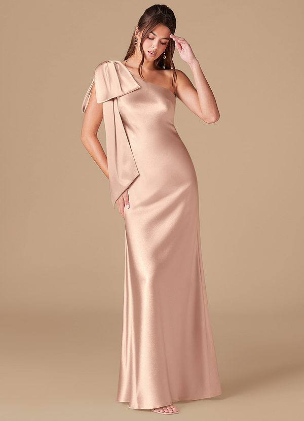Azazie Capri Bridesmaid Dresses English Rose Sheath One Shoulder Metallic Satin Dress image1