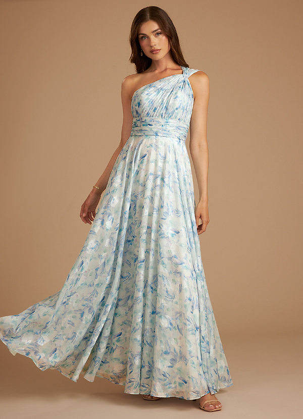 Azazie Charlize Bridesmaid Dresses Blue Watercolor Floral A-Line One Shoulder Watercolor Floral Dress image1