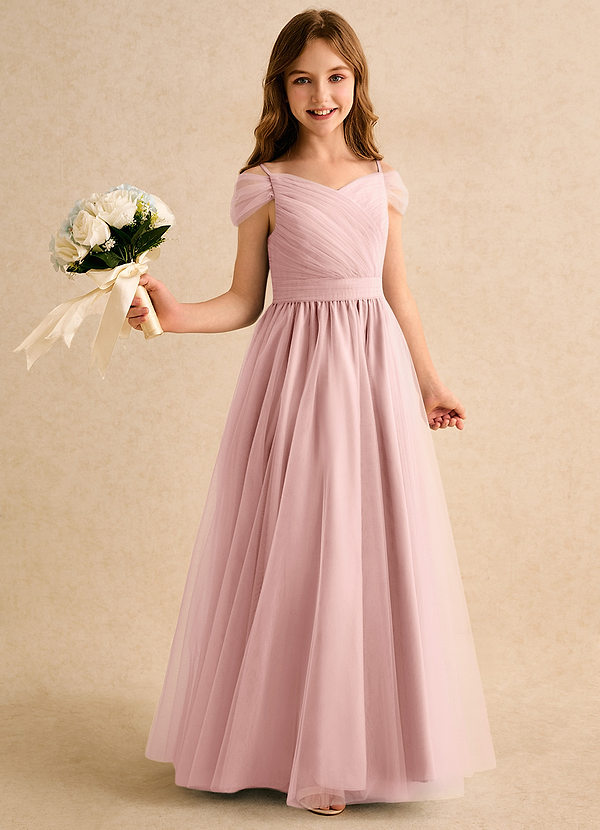 Azazie Yuna Girls Formal Abiti da Ragazza di Fiori Abito A-Line in Tulle a Spalla Scoperta Rosa Cipria image1