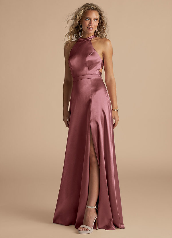 Azazie Clarice Bridesmaid Dresses Vintage Mauve A-Line High Neck Metallic Satin Dress image1
