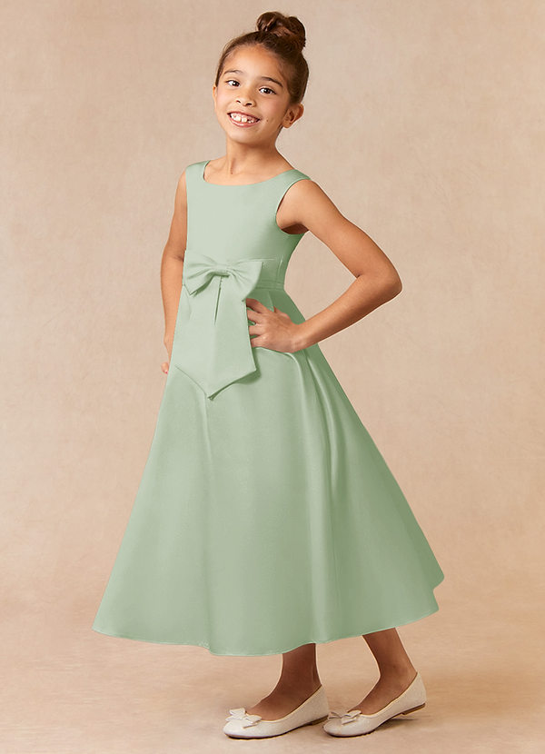 Azazie Lindy Flower Girl Dresses Dusty Sage A-Line Pleated Matte Satin Dress image1