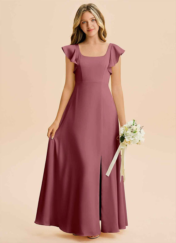 Azazie Bondi Junior Desert Rose A-Line Side Slit Stretch Satin Dress image1