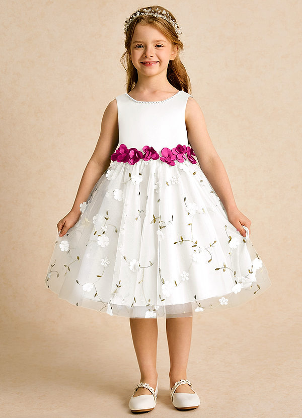 Azazie Starri Flower Girl Dresses Ivory Fuchsia Ball-Gown Beaded Matte Satin Dress image1