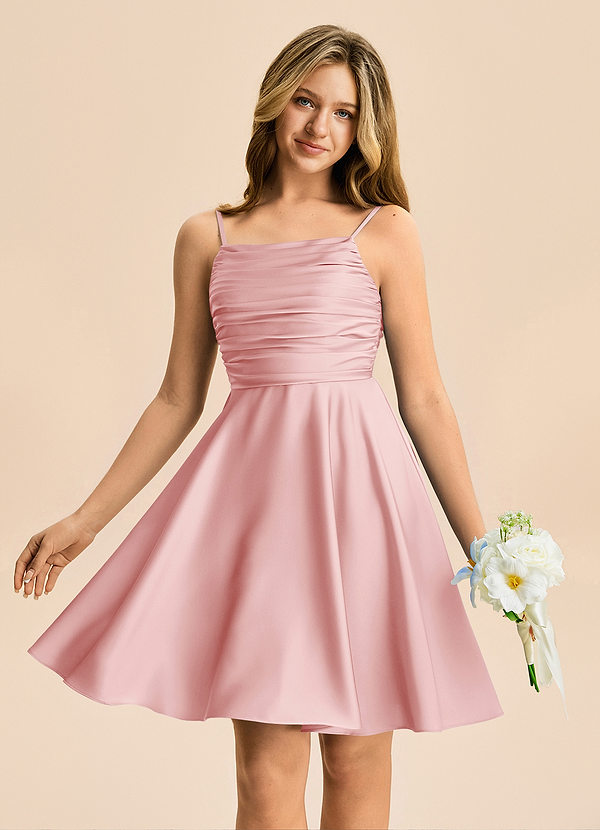 Azazie Miko Junior Powder Pink A-Line Pleated Stretch Satin Dress image1