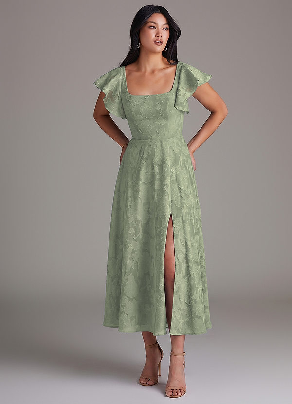 Azazie Bondi Bridesmaid Dresses Agave A-Line Ruched Floral Burnout Dress image1