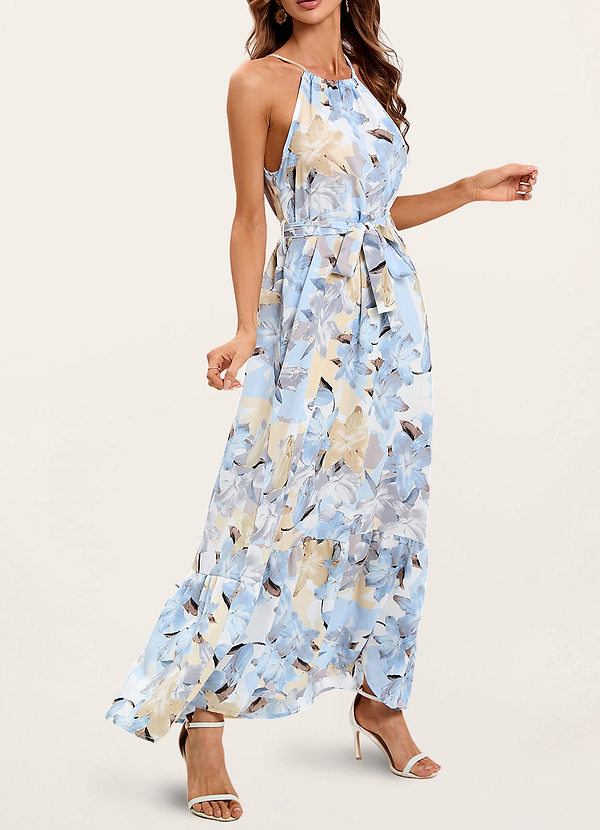 back Life Of Romance Light Blue Floral Print Ruffled Maxi Dress