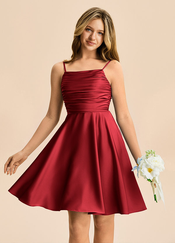Azazie Miko Junior Scarlet A-Line Pleated Stretch Satin Dress image1