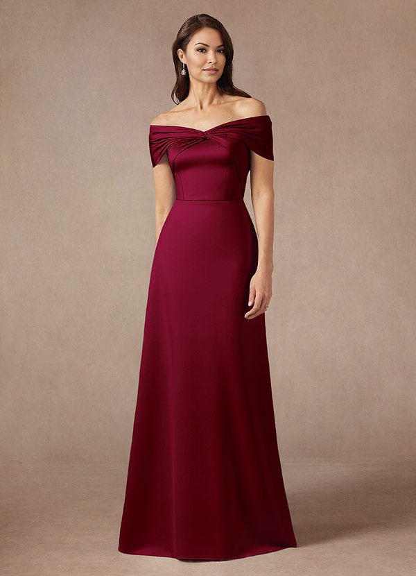 Azazie Amelia Mother of the Brides Dresses Burgundy A-Line Off the Shoulder Stretch Satin Dress image1
