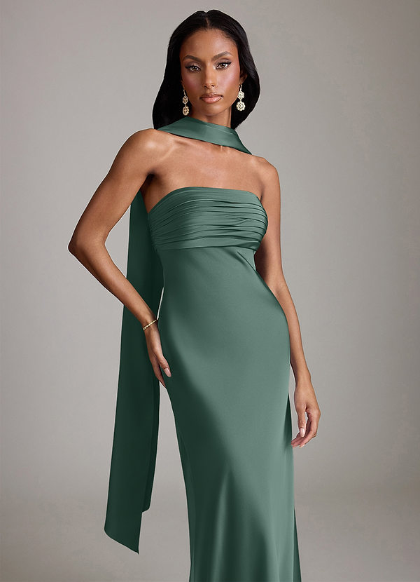 Azazie Saylor Vestidos Dama de Honor Vestido de Eucalipto de Satén Elástico de Corte Sirena con Sin tirantes image1