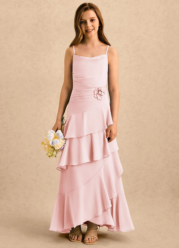 Azazie Indiah Girls Formal Sukienki dla dziewczynek sypiących kwiaty Linia A Marszczony Szyfon Długość podłogi Sukienka image1
