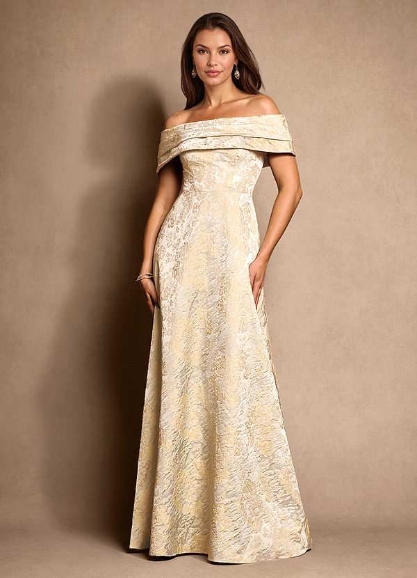 Azazie New Britain Mother of the Brides Dresses Vintage Champagne A-Line Pleated Jacquard Dress image1
