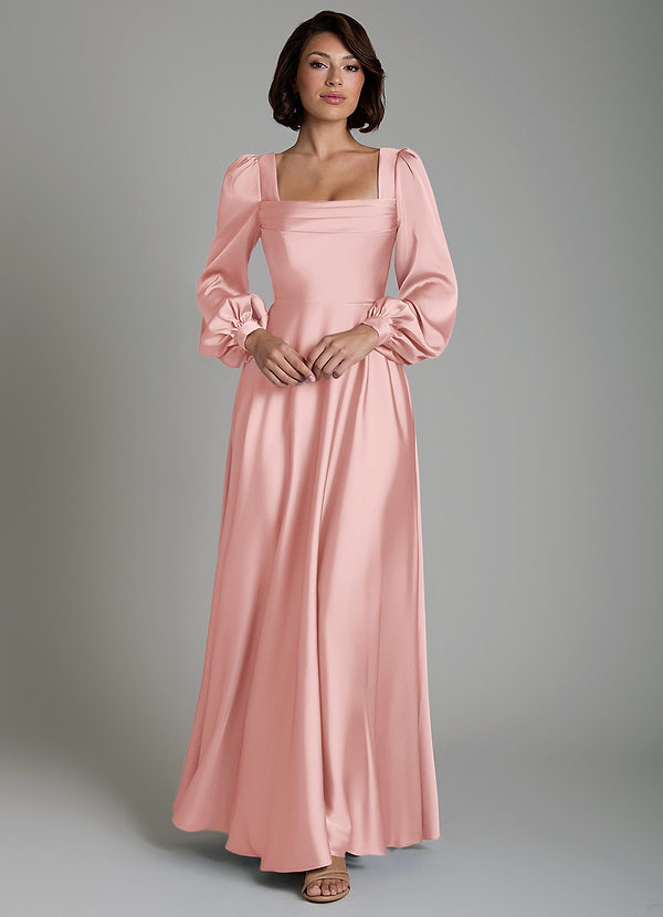 Azazie Solana Abiti da Damigella Abito A-Line in Raso Elasticizzato Maniche Lunghe Rosa Cipria image1