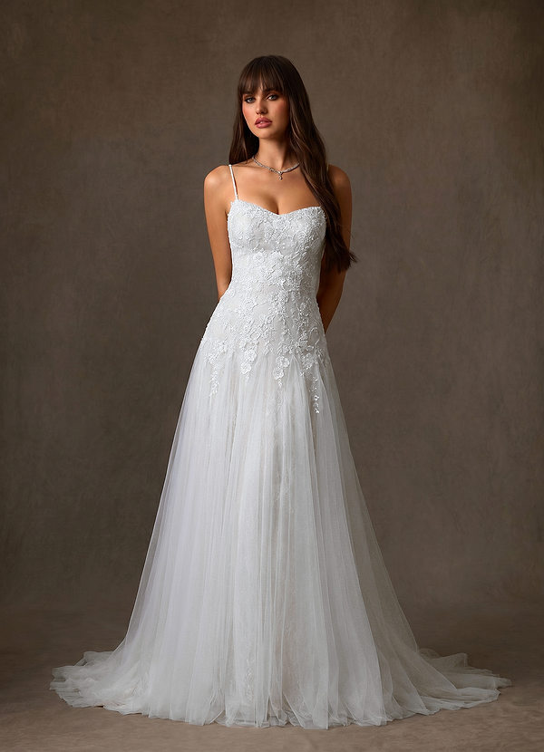 Azazie Lumina Abiti da Sposa Abito A-Line in Pizzo Scollo a Cuore Bianco Diamante image1