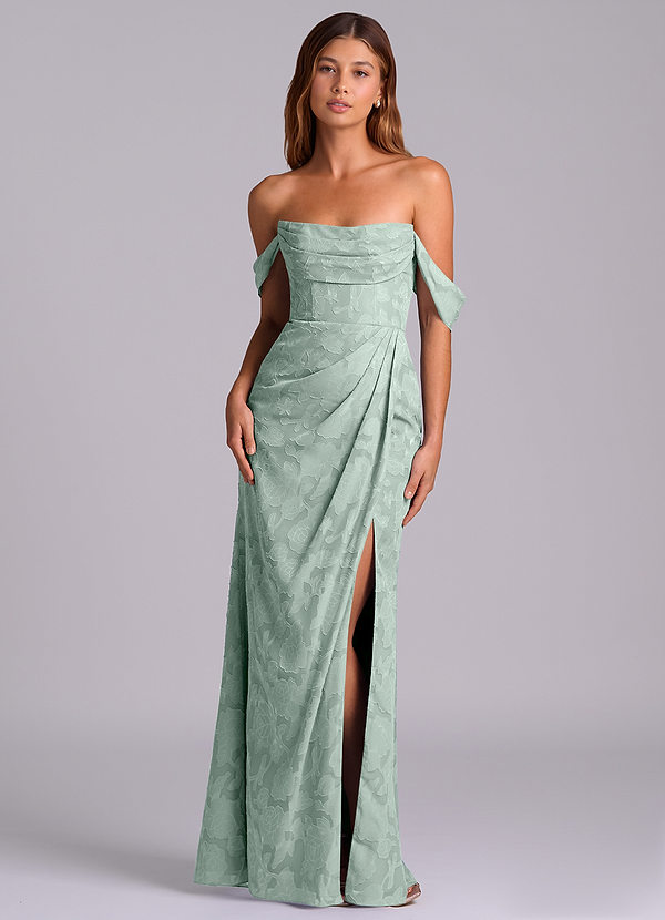Azazie Johana Robes de demoiselle d'honneur Robe Sirène Convertible en Blumen-Burnout Épaules dénudées Agave image1