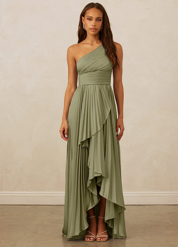 Christian Siriano Bridal for Azazie 1008 Brautjungfernkleider Plissiertes One-Shoulder Stretch-Satin A-Linie-Kleid Wasserfall-Ausschnitt image1