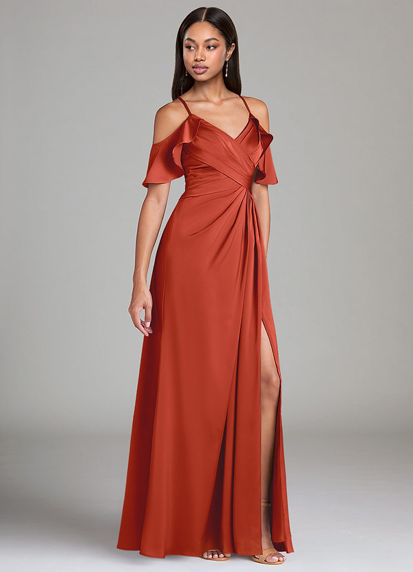 Azazie Dakota Bridesmaid Dresses Rust A-Line Off the Shoulder Stretch Satin Dress image1