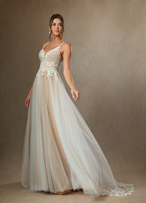 Azazie Devi Wedding Dresses Diamond White Nude A-Line V-Neck Lace Tulle Dress image1