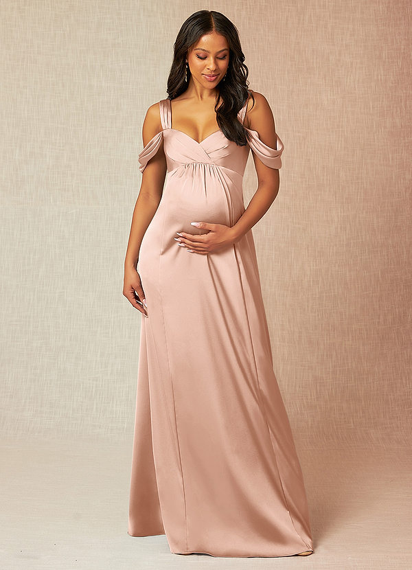 Azazie Rhea Robe demoiselle d'honneur enceinte Robe Trapèze Épaule nue plissée Longueur ras du sol Satin extensible image1