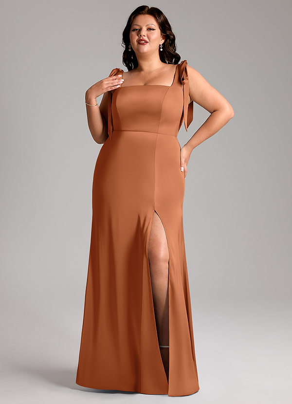 Azazie Frostine Bridesmaid Dresses Copper A-Line Bow Stretch Satin Dress image1