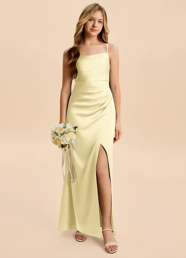 Azazie Minnie Junior Lemon Sorbet Sheath Ruched Stretch Satin Dress image1