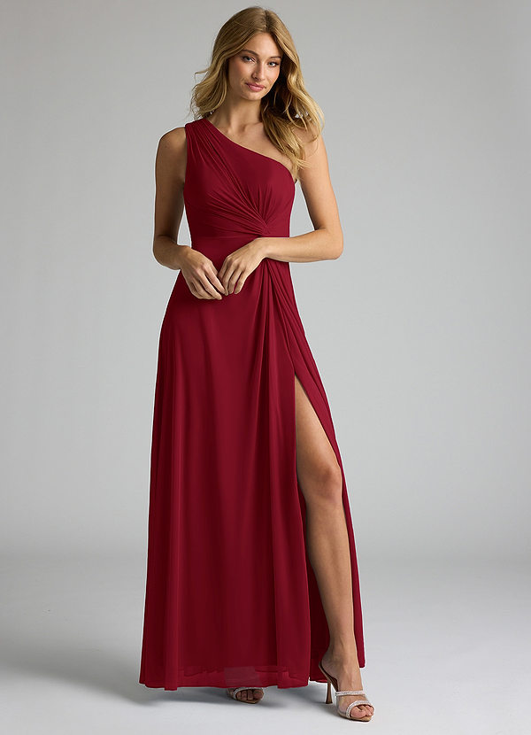 Azazie Brooke Bridesmaid Dresses Burgundy A-Line One Shoulder Mesh Dress image1