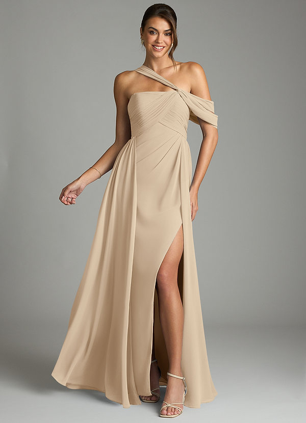Azazie Kassandra 신부 들러리 드레스 A라인 오프 더 숄더 쉬폰 바닥 길이 드레스 image1