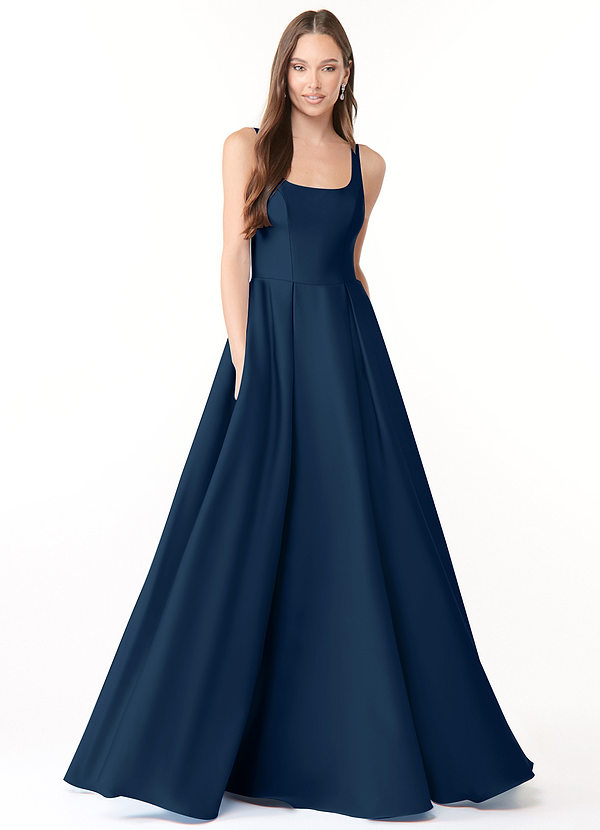 Azazie Neve Bridesmaid Dresses Abito da Ballo in Raso Elasticizzato Con Tasche Marino Scuro image1