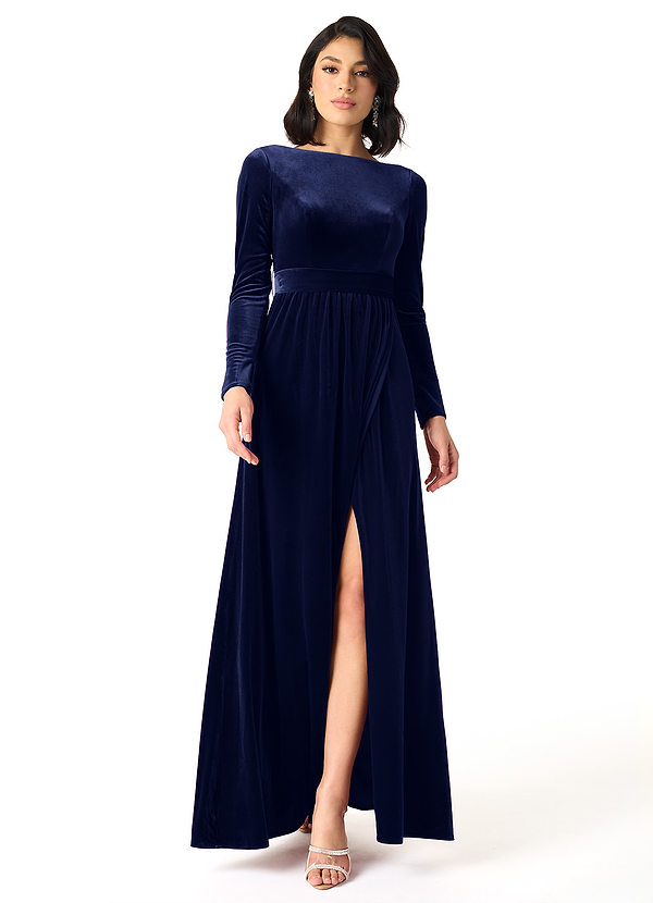 Azazie Brynn Bridesmaid Dresses Dark Navy A-Line Long Sleeve Velvet Dress image1