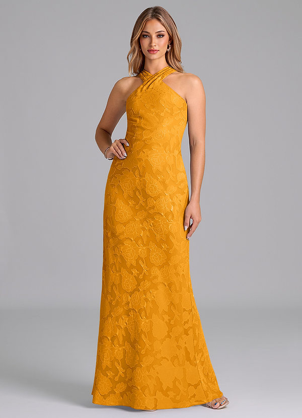 Azazie Doretta Bridesmaid Dresses Butterscotch Mermaid Pleated Floral Burnout Dress image1