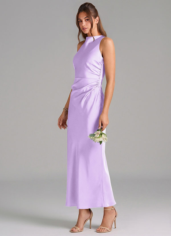 Azazie Evadne Vestidos Dama de Honor Vestido de Lila de Satén Elástico de Corte Recto con Plisado image1