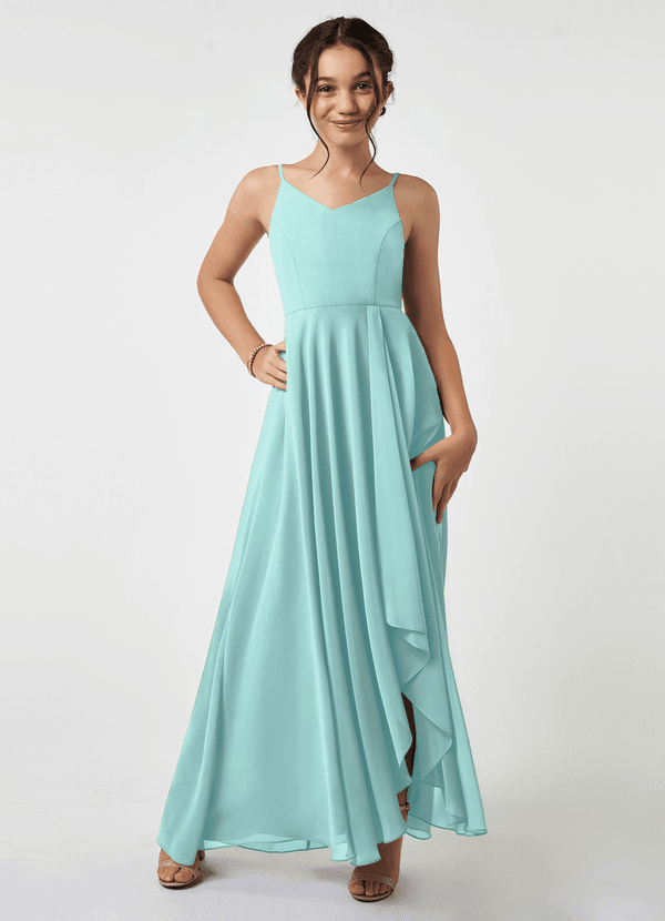Azazie Collette Junior Aqua A-Line Ruched Chiffon Dress image1