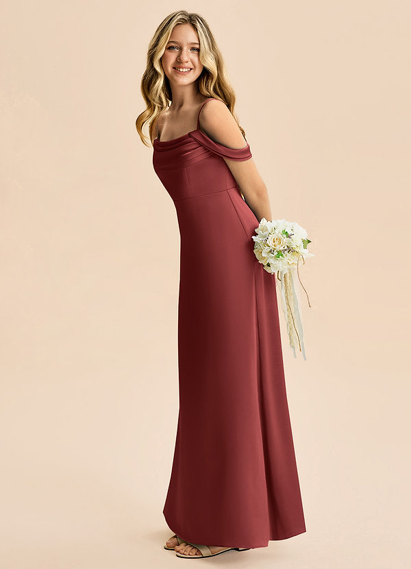 Azazie Lettie Junior Terracotta A-Line Off the Shoulder Stretch Satin Dress image1
