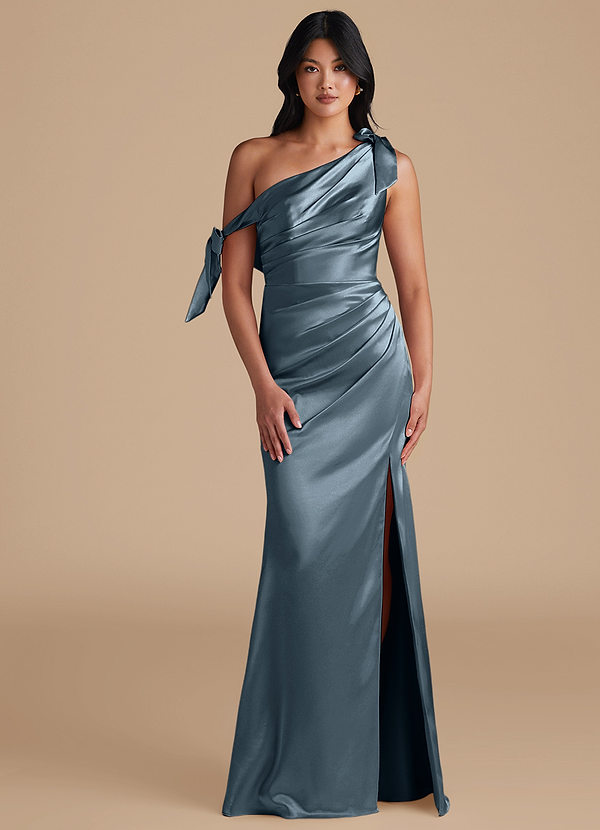 Azazie Xyla Bridesmaid Dresses Twilight Sheath Off the Shoulder Metallic Satin Convertible Dress image1