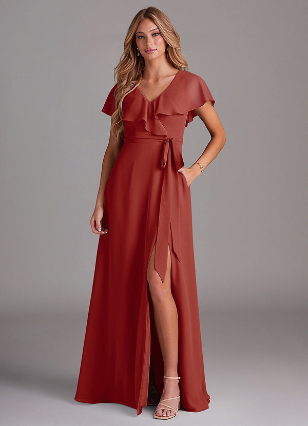 Azazie Lainey Bridesmaid Dresses Terracotta A-Line with Pockets Chiffon Dress image1