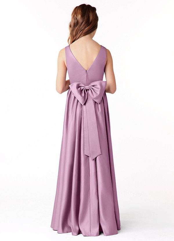 Azazie Hathaway Junior Vestido de Glicinia de Satén Elástico de Corte en A con Lazo image1