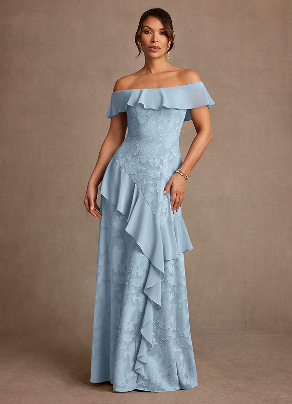 Azazie Marina Mother of the Brides Dresses Sky Blue A-Line Off the Shoulder Floral Burnout Dress image1